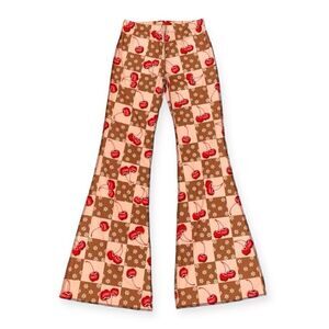 NWT OMighty Cherry Check Flare Wide Leg Pants Sz Small